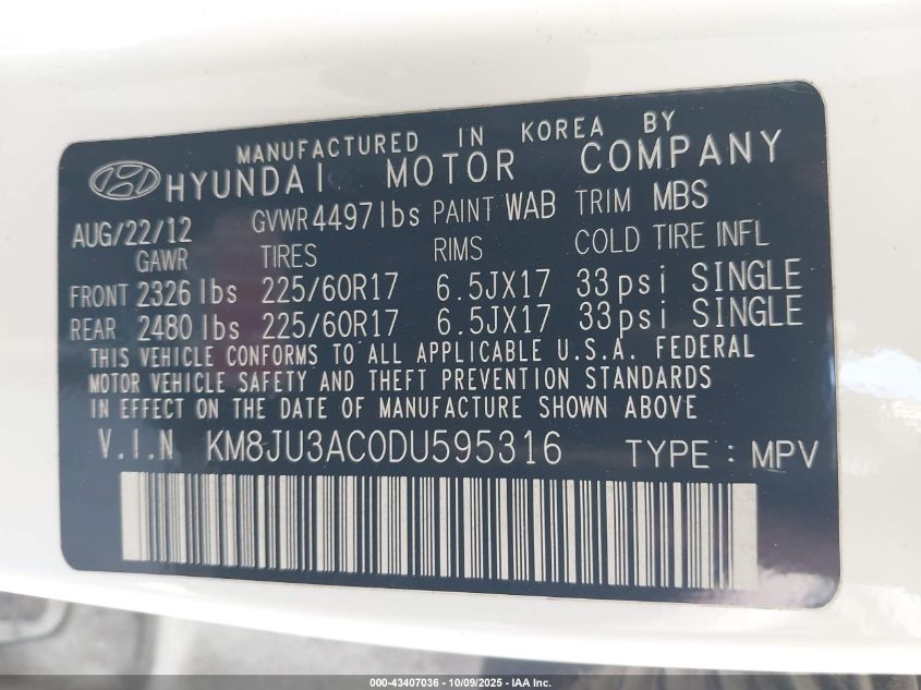 2013 Hyundai Tucson Gls VIN: KM8JU3AC0DU595316 Lot: 43407036