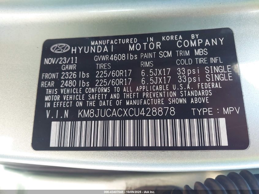 2012 Hyundai Tucson Gls VIN: KM8JUCACXCU428878 Lot: 43407045