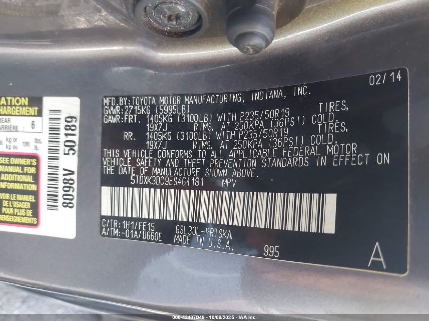 2014 Toyota Sienna Se 8 Passenger VIN: 5TDXK3DC9ES464181 Lot: 43407049