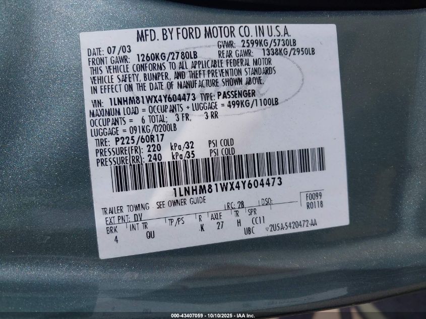 2004 Lincoln Town Car Signature VIN: 1LNHM81WX4Y604473 Lot: 43407059