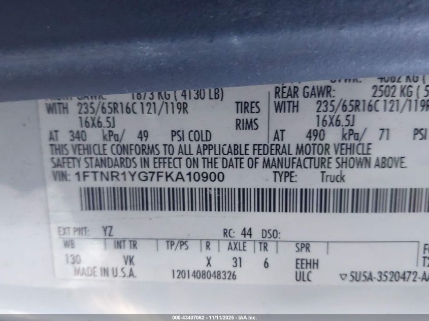 2015 Ford Transit-250 VIN: 1FTNR1YG7FKA10900 Lot: 43407062