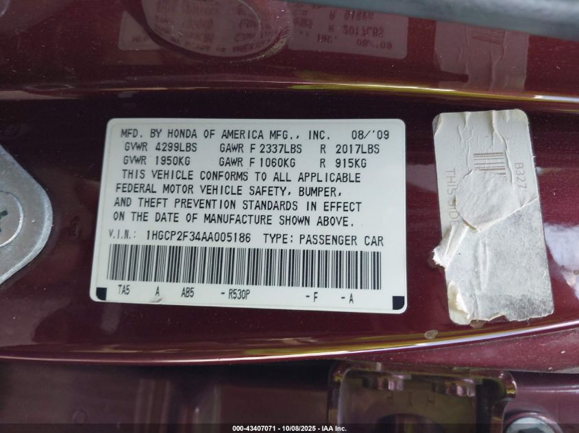 2010 Honda Accord 2.4 Lx VIN: 1HGCP2F34AA005186 Lot: 43407071