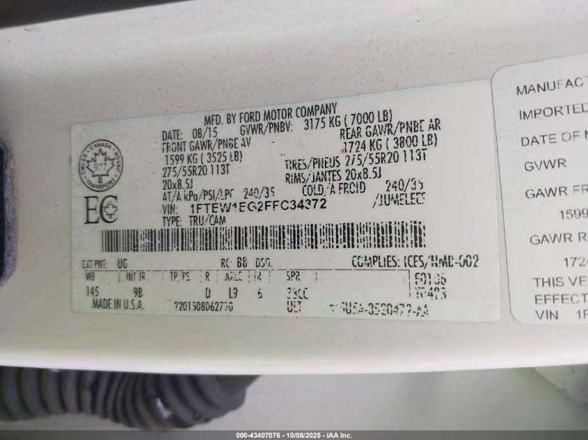 2015 Ford F-150 Platinum VIN: 1FTEW1EG2FFC34372 Lot: 43407076