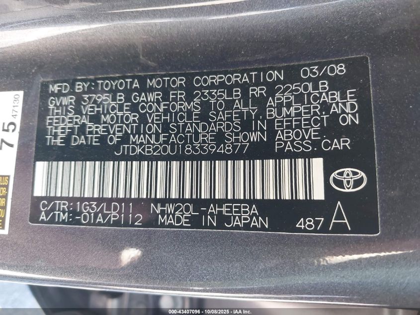2008 Toyota Prius VIN: JTDKB20U183394877 Lot: 43407096
