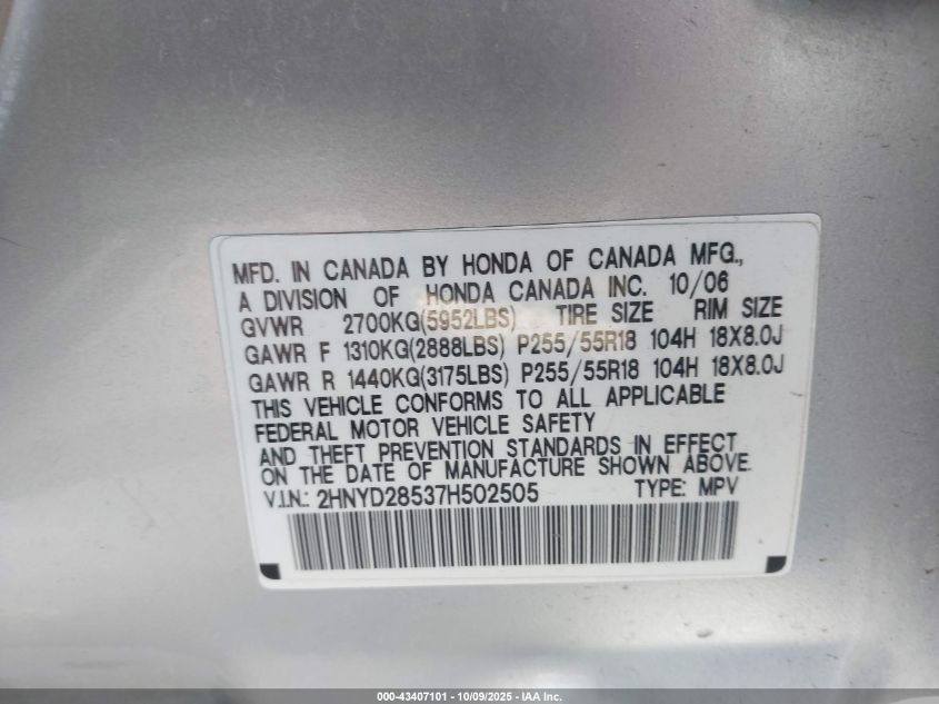 2007 Acura Mdx Sport Package VIN: 2HNYD28537H502505 Lot: 43407101