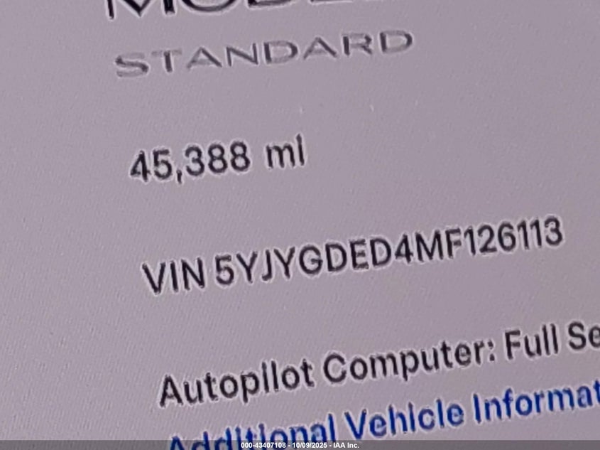 2021 Tesla Model Y Standard Range Rear-Wheel Drive VIN: 5YJYGDED4MF126113 Lot: 43407108