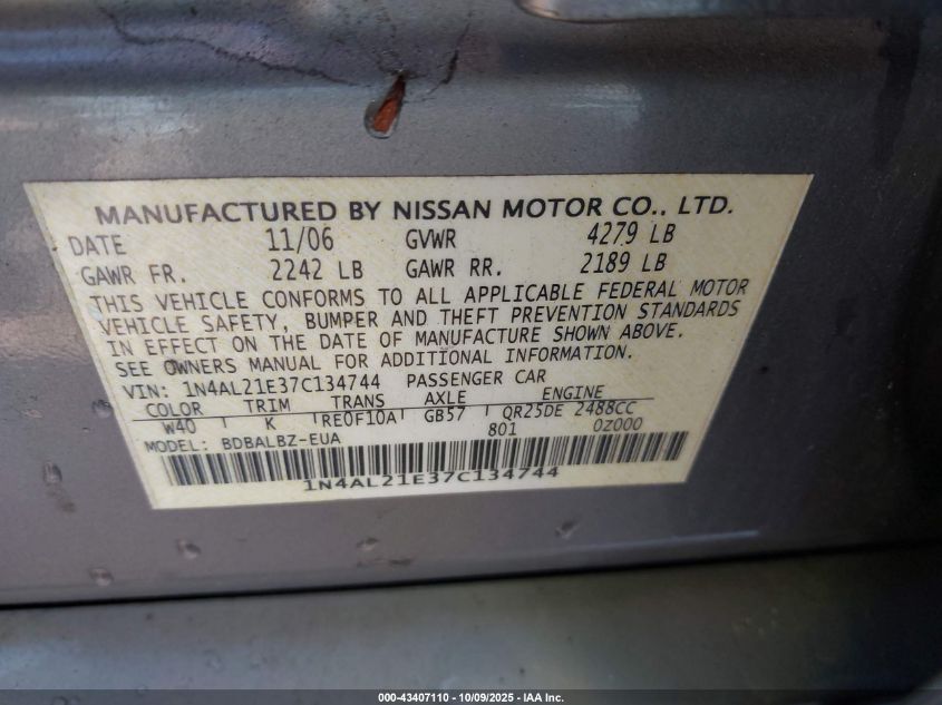 2007 Nissan Altima 2.5 S VIN: 1N4AL21E37C134744 Lot: 43407110