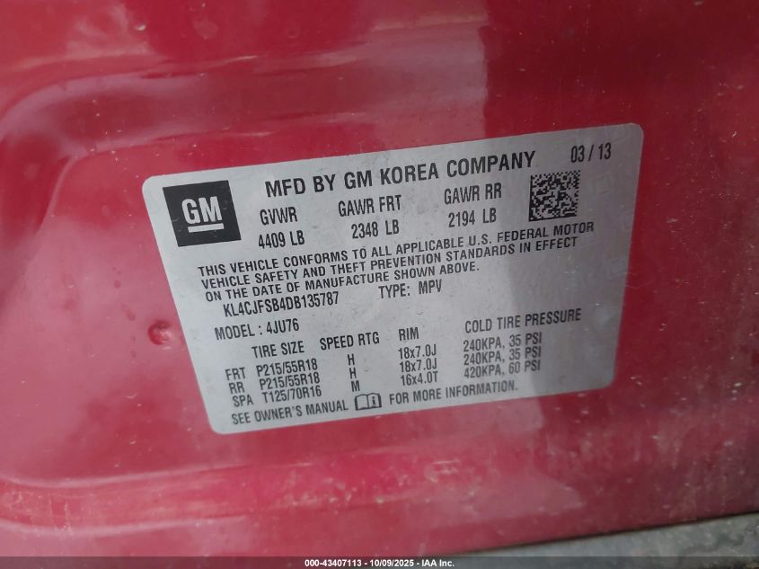 2013 Buick Encore Convenience VIN: KL4CJFSB4DB135787 Lot: 43407113