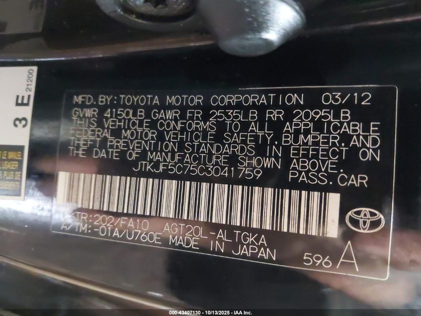 2012 Scion Tc VIN: JTKJF5C75C3041759 Lot: 43407130