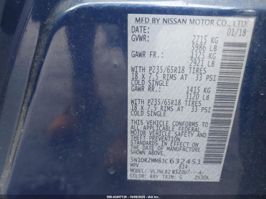 2018 Nissan Pathfinder S VIN: 5N1DR2MM8JC632451 Lot: 43407136