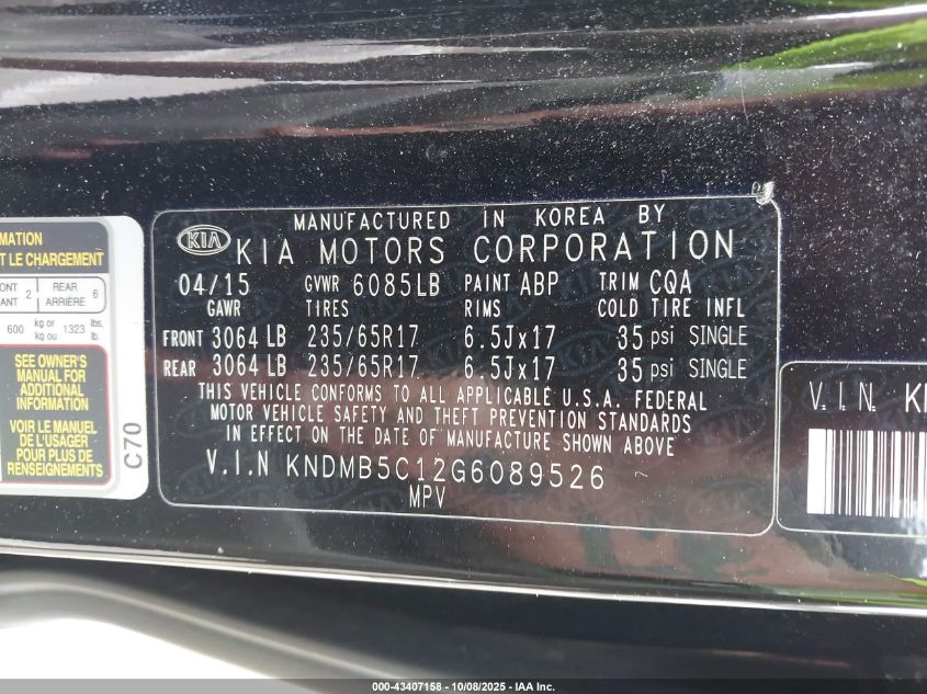 2016 Kia Sedona Lx VIN: KNDMB5C12G6089526 Lot: 43407158