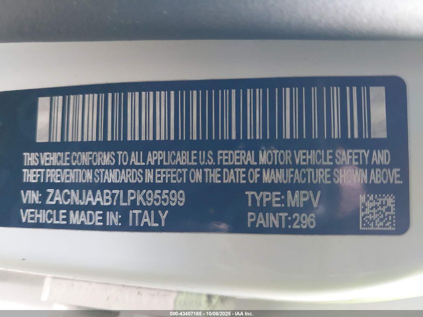 2020 Jeep Renegade Sport Fwd VIN: ZACNJAAB7LPK95599 Lot: 43407165