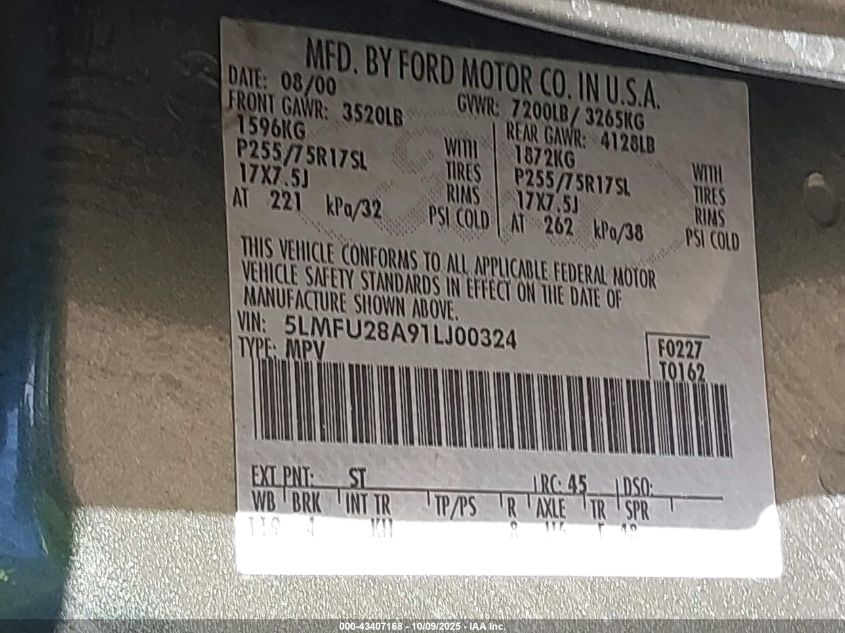 2001 Lincoln Navigator VIN: 5LMFU28A91LJ00324 Lot: 43407168