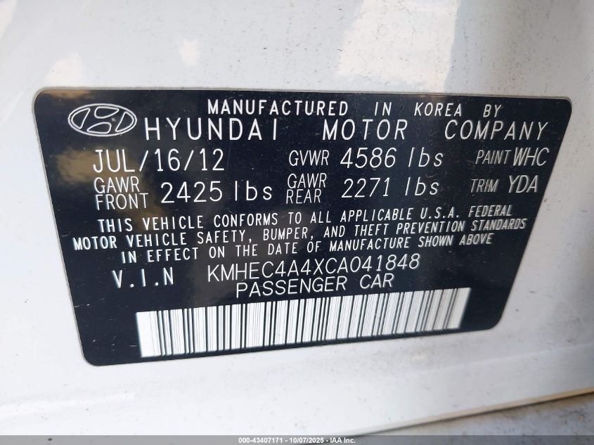 2012 Hyundai Sonata Hybrid VIN: KMHEC4A4XCA041848 Lot: 43407171