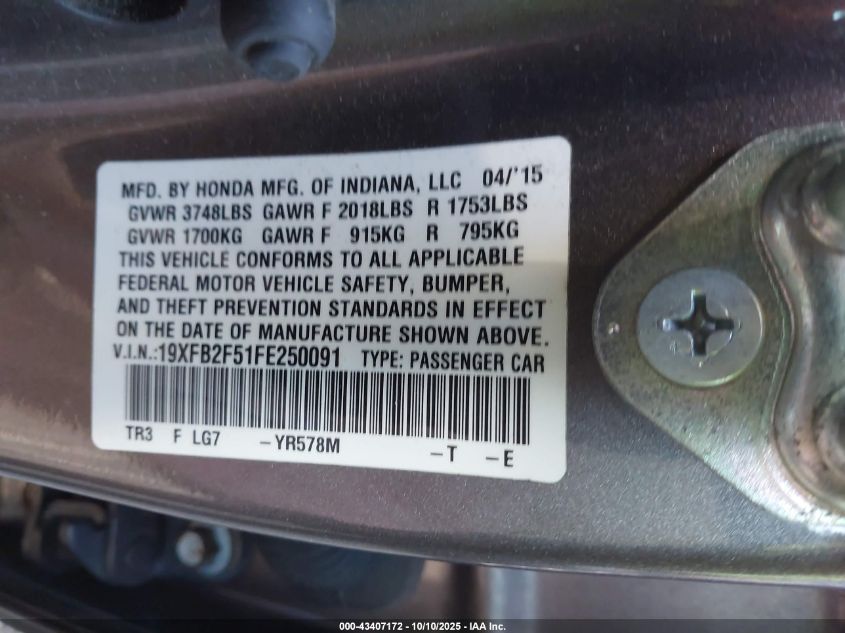 2015 Honda Civic Lx VIN: 19XFB2F51FE250091 Lot: 43407172