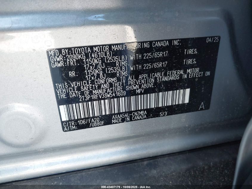 2025 Toyota Rav4 Xle VIN: 2T3P1RFV3SW541609 Lot: 43407179