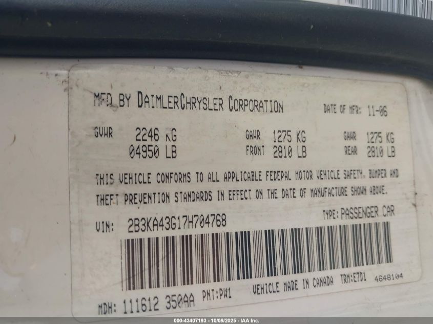 2007 Dodge Charger VIN: 2B3KA43G17H704768 Lot: 43407193