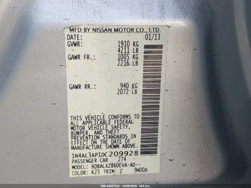 2013 Nissan Altima 2.5 Sl VIN: 1N4AL3AP1DC209928 Lot: 43407224