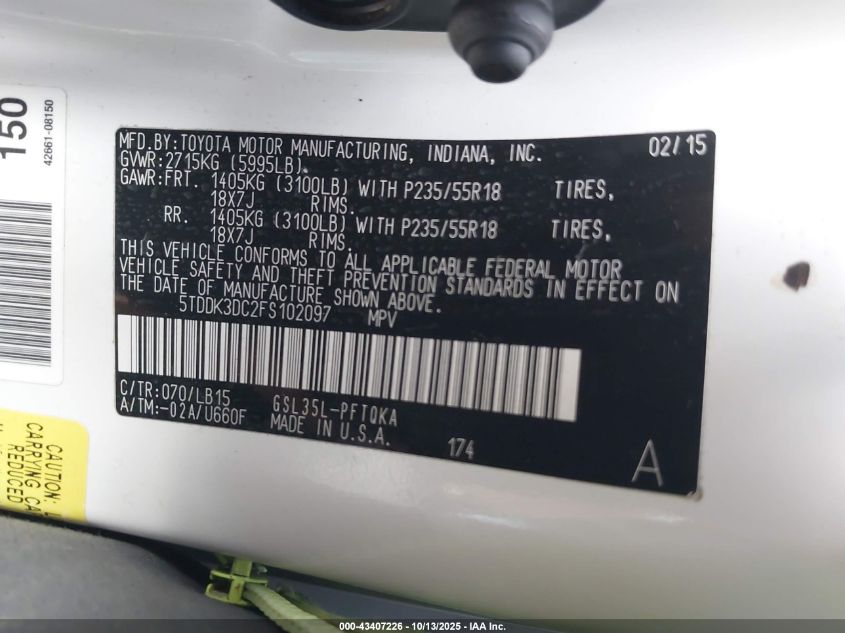 2015 Toyota Sienna Limited Premium 7 Passenger VIN: 5TDDK3DC2FS102097 Lot: 43407226