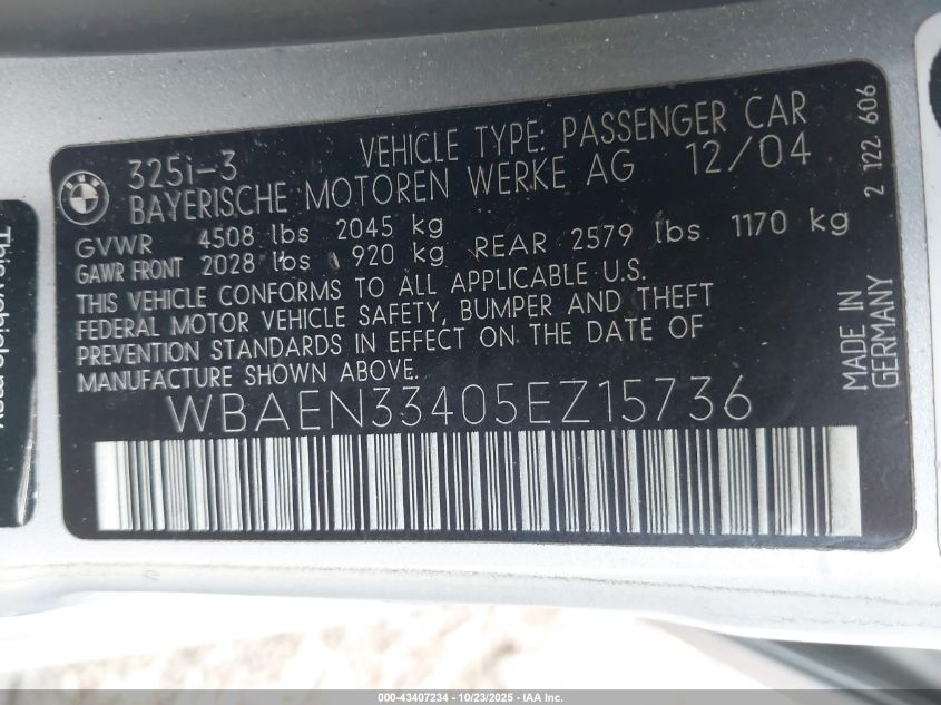 2005 BMW 325It VIN: WBAEN33405EZ15736 Lot: 43407234