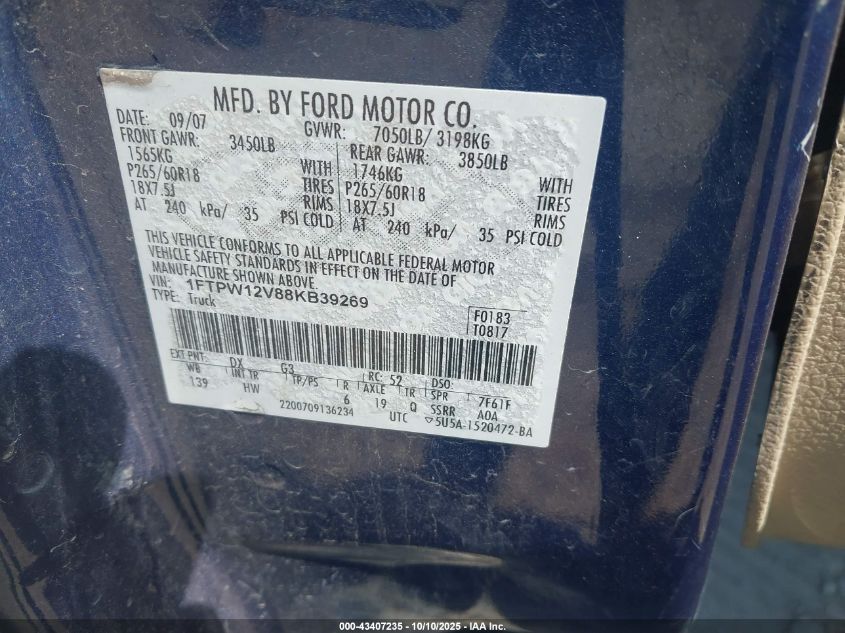 2008 Ford F-150 60Th Anniversary/Fx2/King Ranch/Lariat/Xlt VIN: 1FTPW12V88KB39269 Lot: 43407235