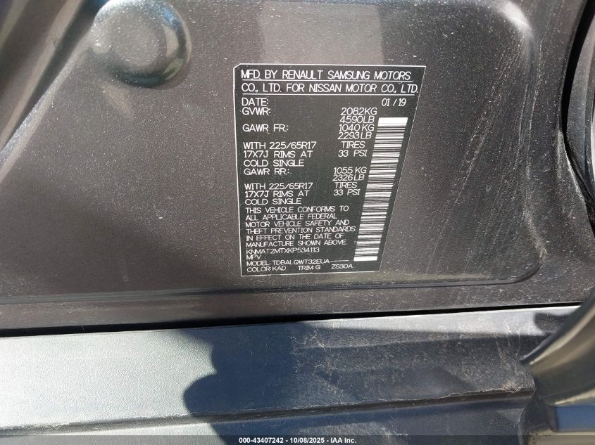 2019 Nissan Rogue Sv VIN: KNMAT2MTXKP534113 Lot: 43407242