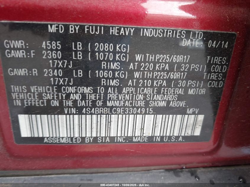 2014 Subaru Outback 2.5I Limited VIN: 4S4BRBLC9E3304915 Lot: 43407245