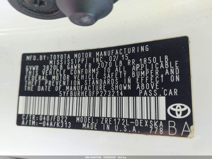 2015 Toyota Corolla S Plus VIN: 5YFBURHE0FP273214 Lot: 43407246