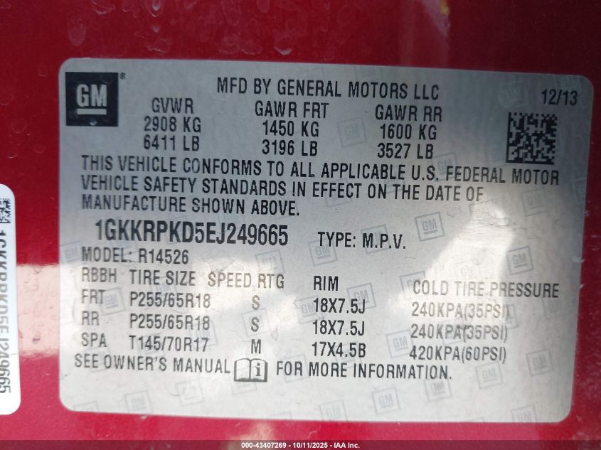 2014 GMC Acadia Sle-2 VIN: 1GKKRPKD5EJ249665 Lot: 43407269