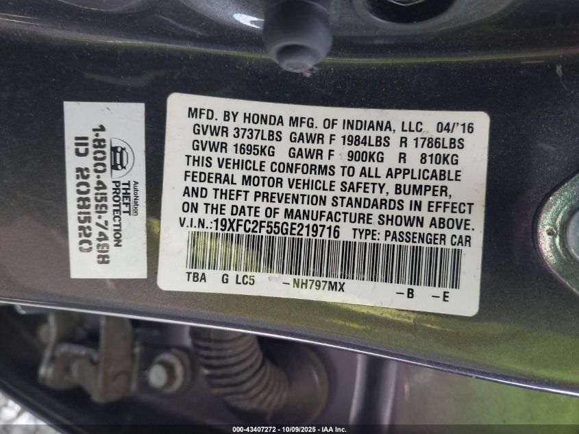 2016 Honda Civic Lx VIN: 19XFC2F55GE219716 Lot: 43407272