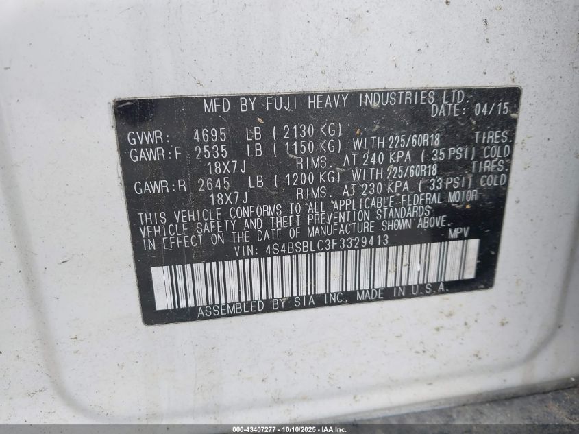 2015 Subaru Outback 2.5I Limited VIN: 4S4BSBLC3F3329413 Lot: 43407277