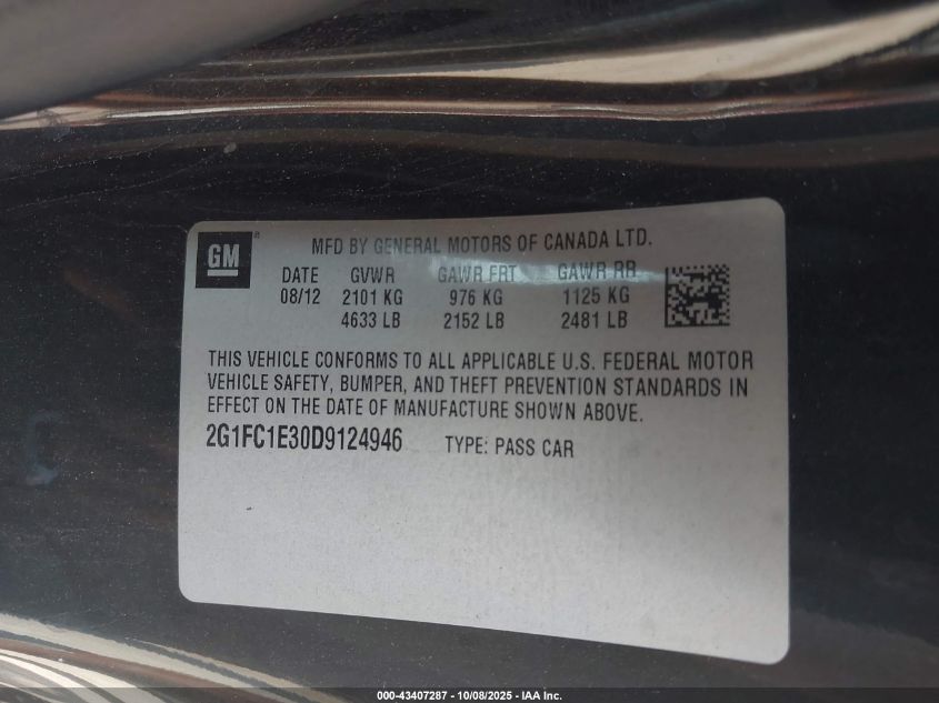 2013 Chevrolet Camaro 2Lt VIN: 2G1FC1E30D9124946 Lot: 43407287