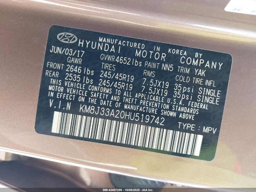 2017 Hyundai Tucson Limited VIN: KM8J33A20HU519742 Lot: 43407286