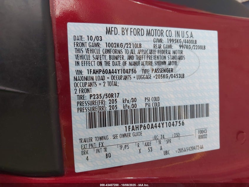 2004 Ford Thunderbird VIN: 1FAHP60A44Y104756 Lot: 43407288