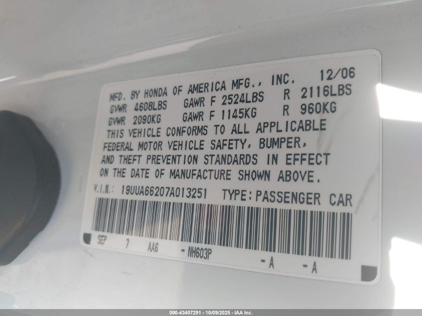 2007 Acura Tl 3.2 VIN: 19UUA66207A013251 Lot: 43407291
