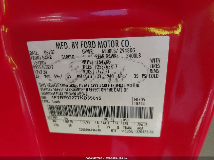 2007 Ford F-150 Stx/Xlt VIN: 1FTRF02277KD35615 Lot: 43407307