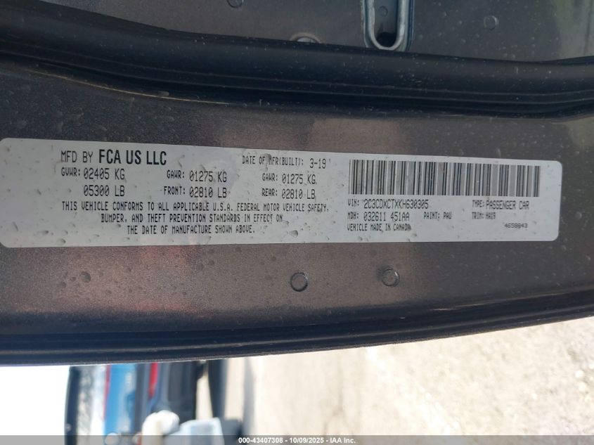 2019 Dodge Charger R/T Rwd VIN: 2C3CDXCTXKH630305 Lot: 43407308