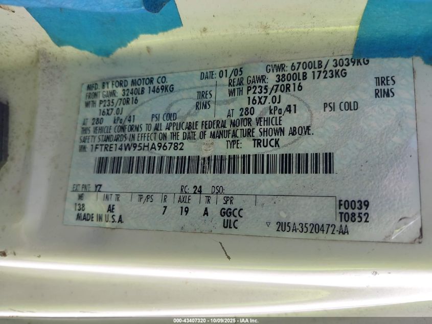 2005 Ford E-150 Commercial/Recreational VIN: 1FTRE14W95HA96782 Lot: 43407320