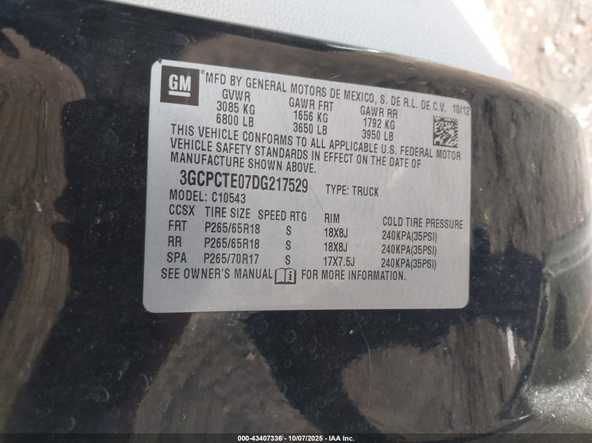 2013 Chevrolet Silverado 1500 Ltz VIN: 3GCPCTE07DG217529 Lot: 43407336