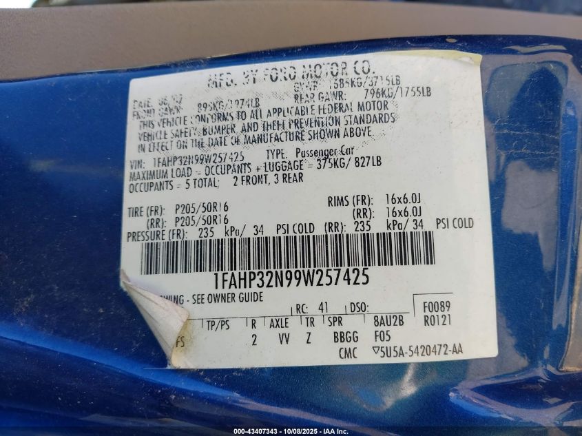 2009 Ford Focus Se VIN: 1FAHP32N99W257425 Lot: 43407343