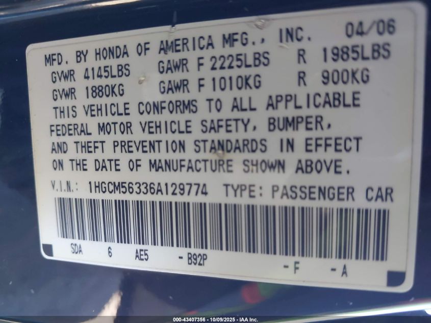 2006 Honda Accord 2.4 Se VIN: 1HGCM56336A129774 Lot: 43407356