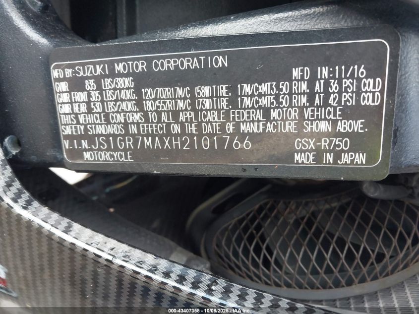2017 Suzuki Gsx-R750 VIN: JS1GR7MAXH2101766 Lot: 43407358