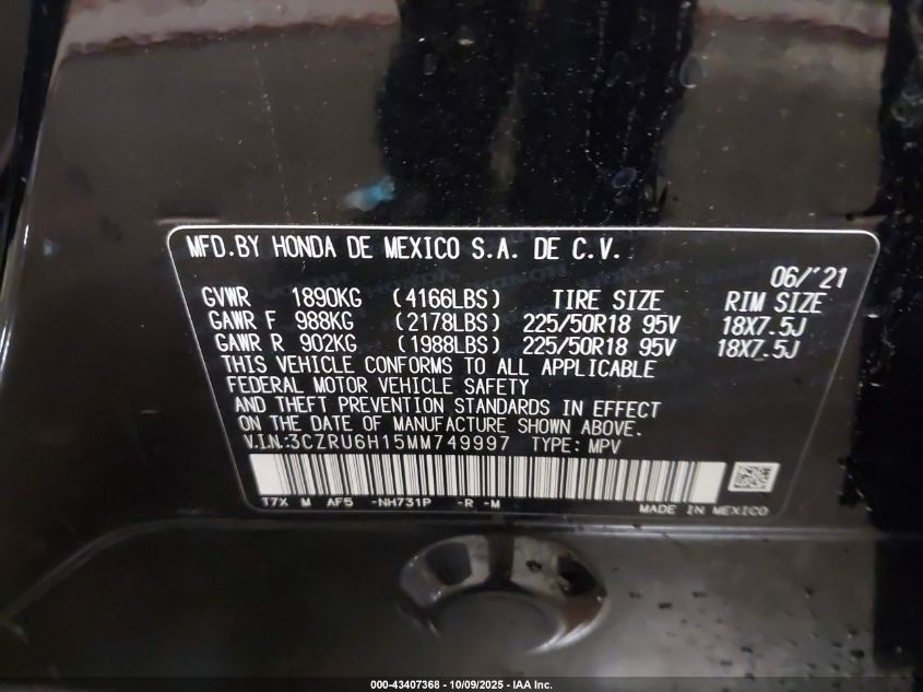 2021 Honda Hr-V Awd Sport VIN: 3CZRU6H15MM749997 Lot: 43407368