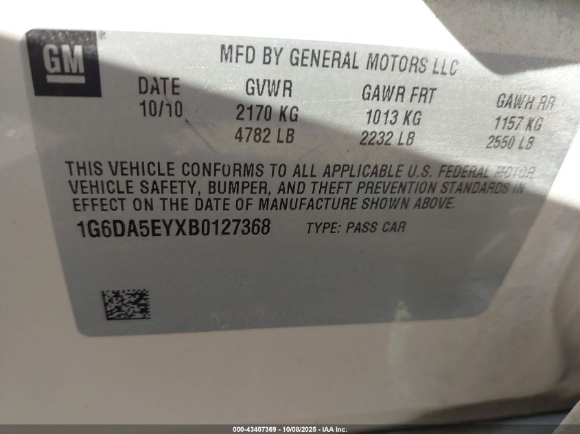 2011 Cadillac Cts Standard VIN: 1G6DA5EYXB0127368 Lot: 43407369