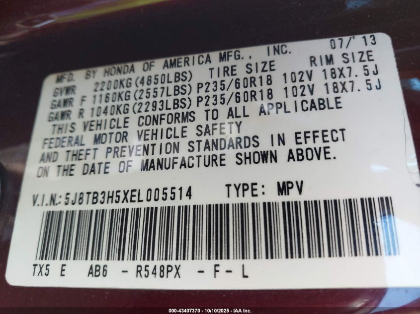 2014 Acura Rdx VIN: 5J8TB3H5XEL005514 Lot: 43407370