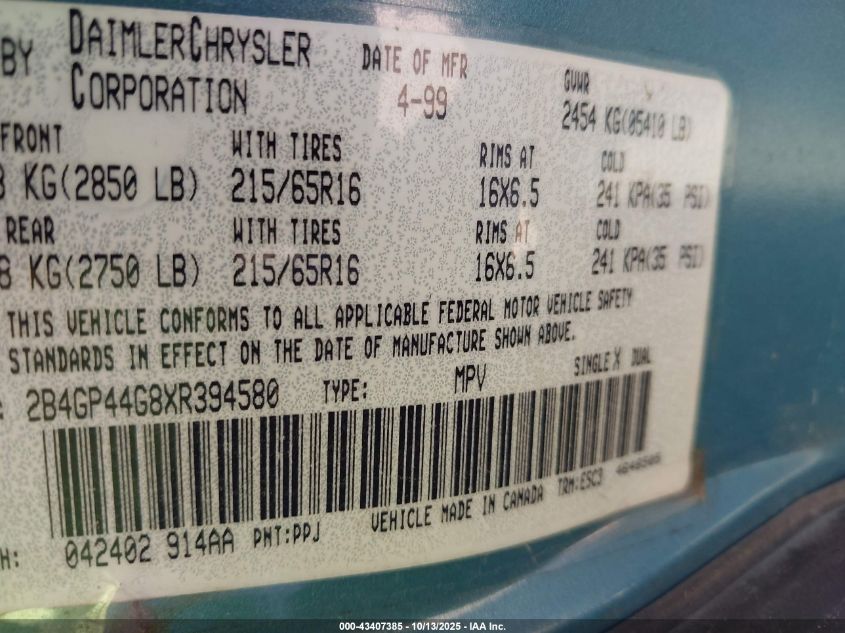 1999 Dodge Grand Caravan Se VIN: 2B4GP44G8XR394580 Lot: 43407385