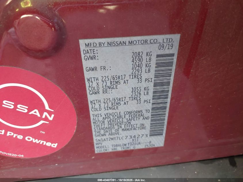 2020 Nissan Rogue Sv Fwd VIN: 5N1AT2MT7LC734273 Lot: 43407391