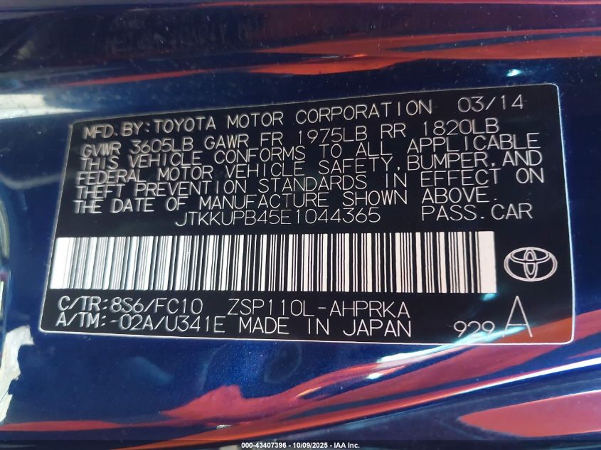 2014 Scion Xd VIN: JTKKUPB45E1044365 Lot: 43407396