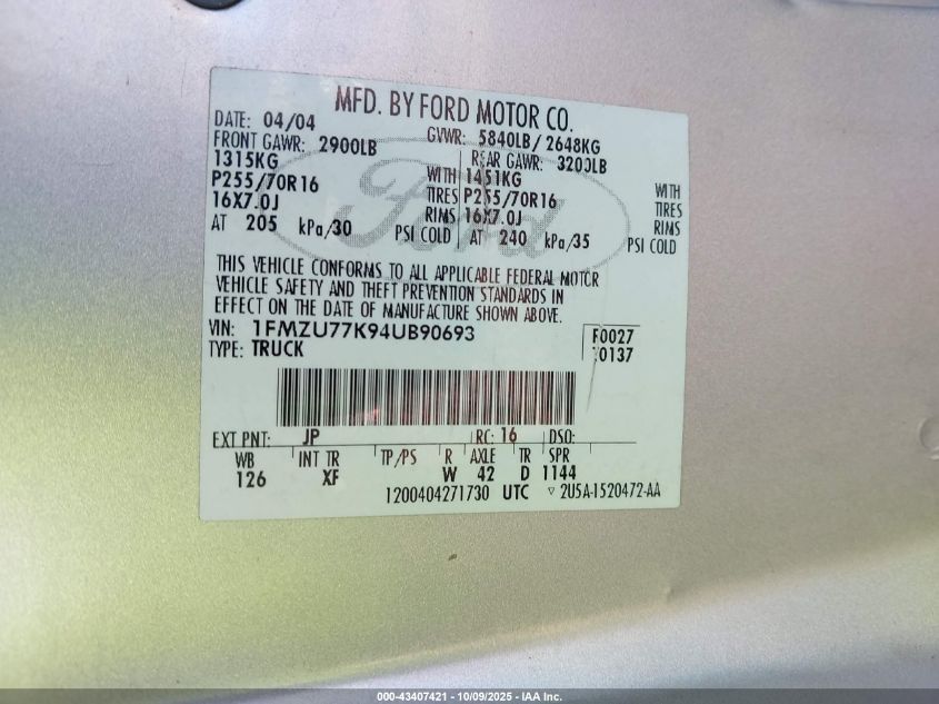 2004 Ford Explorer Sport Trac Adrenalin/Xls/Xlt VIN: 1FMZU77K94UB90693 Lot: 43407421