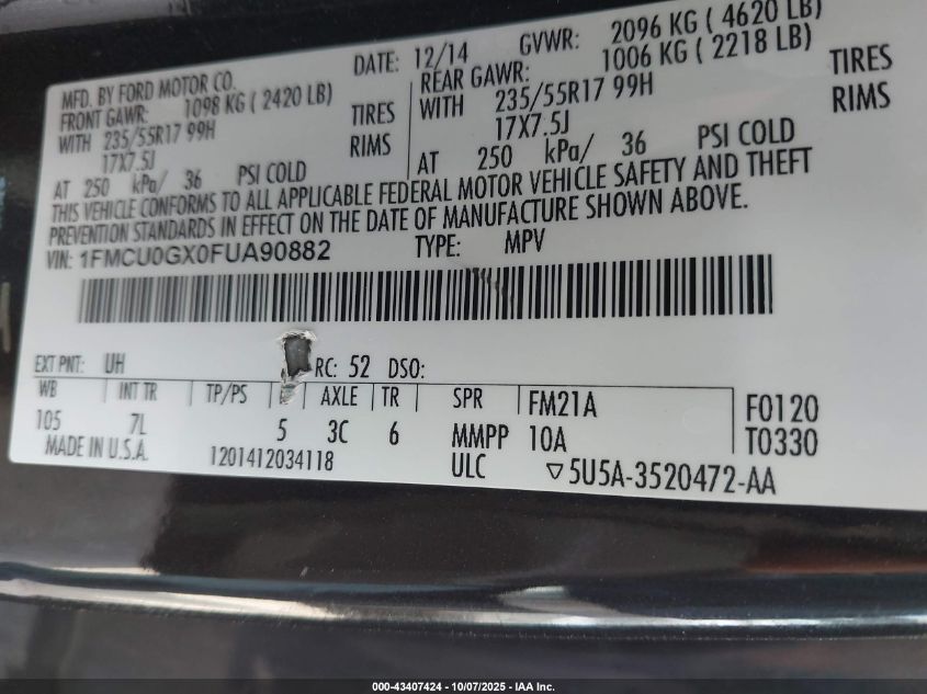 2015 Ford Escape Se VIN: 1FMCU0GX0FUA90882 Lot: 43407424